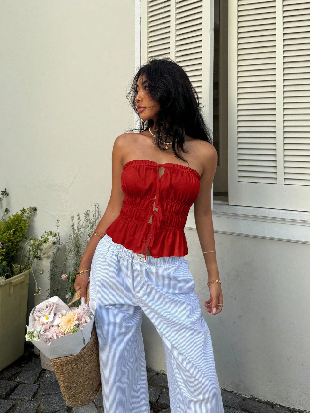 Sunnyshic Women's Solid Color Lace-Up Hollow Out Ruffle Hem Camisole Top Vacation Red Summer