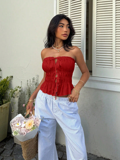 Sunnyshic Women's Solid Color Lace-Up Hollow Out Ruffle Hem Camisole Top Vacation Red Summer