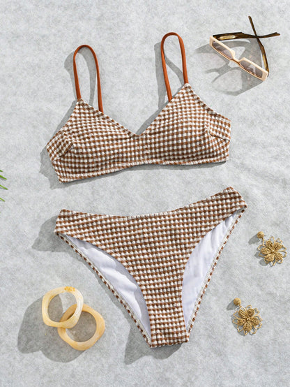 Sunnyshic Women's Sweet Minimalist Cute Round Neck Bikini Set For Spring/Summer Beach