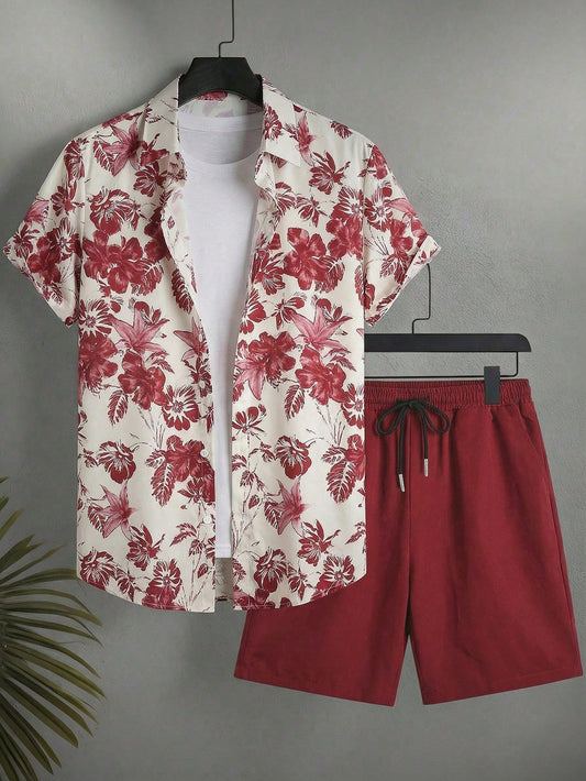 Surfspeed Plus Size Men Floral Print Single-Breasted Short Sleeve Top And Pocket Shorts Beach Outfit