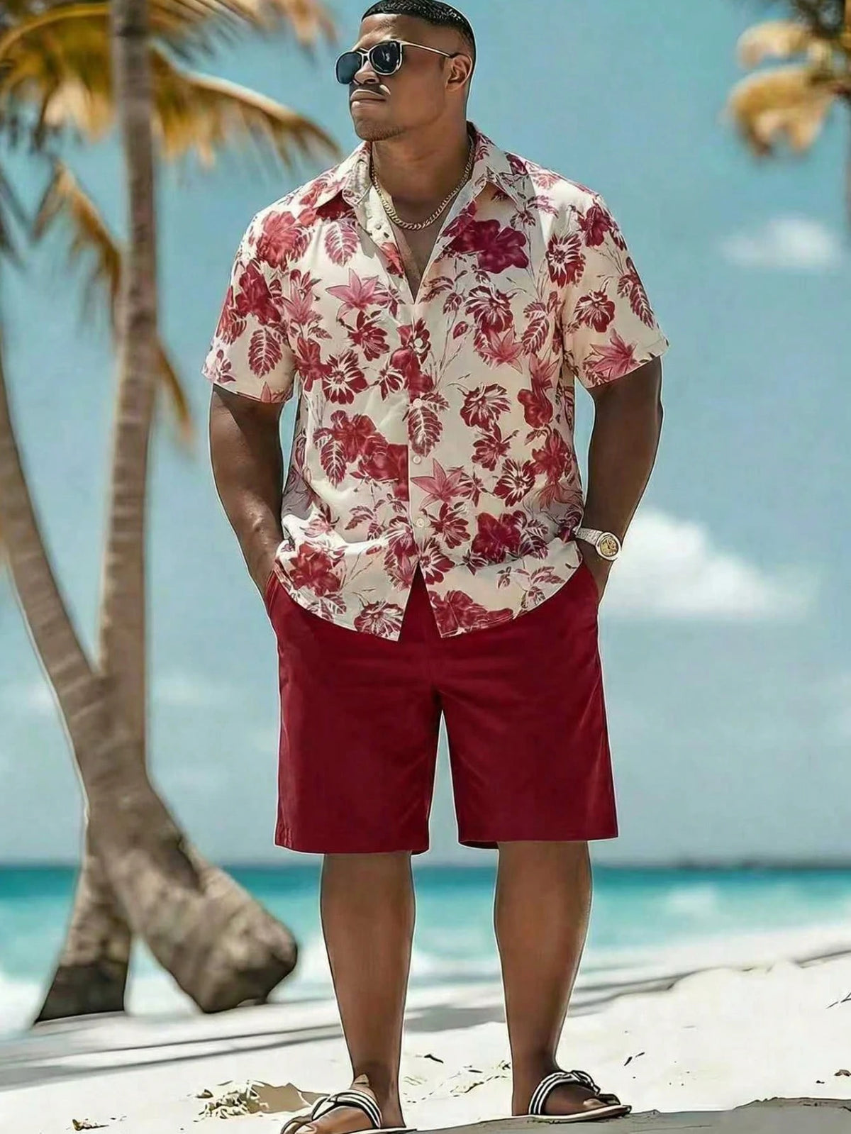 Surfspeed Plus Size Men Floral Print Single-Breasted Short Sleeve Top And Pocket Shorts Beach Outfit