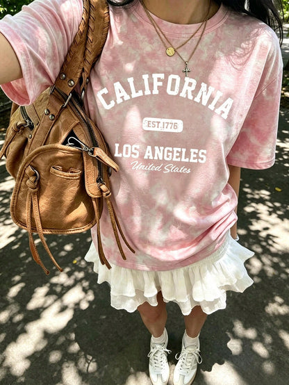 Sweet & Spicy Style Sakura Pink Ombre Short Sleeve T-Shirt, Korean Loose Letter Print Tee, Ins Aesthetic Casual Summer, Y2K Aesthetic