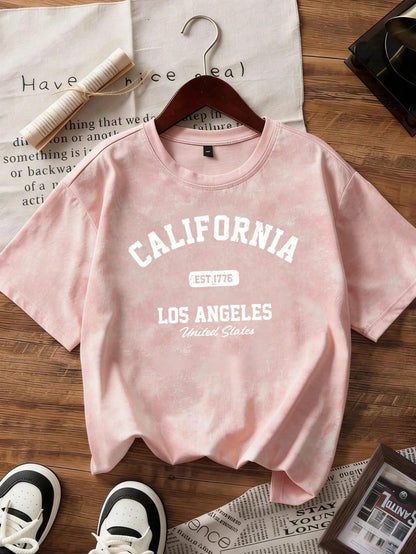 Sweet & Spicy Style Sakura Pink Ombre Short Sleeve T-Shirt, Korean Loose Letter Print Tee, Ins Aesthetic Casual Summer, Y2K Aesthetic
