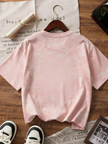 Sweet & Spicy Style Sakura Pink Ombre Short Sleeve T-Shirt, Korean Loose Letter Print Tee, Ins Aesthetic Casual Summer, Y2K Aesthetic