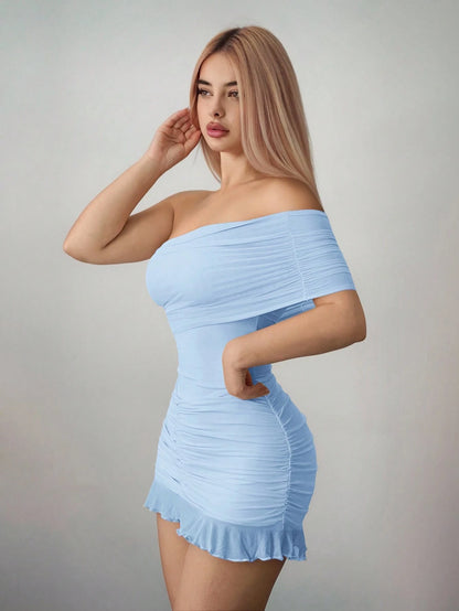 Sweetina Fitted Asymmetric Mesh Off Shoulder Mini Dress,Dresses For Women Party