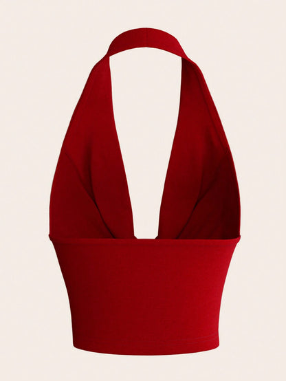 Sweetina Women Scoop Neck Sleeveless Cropped Y2K Red Sexy Top, Stylish Plain Color