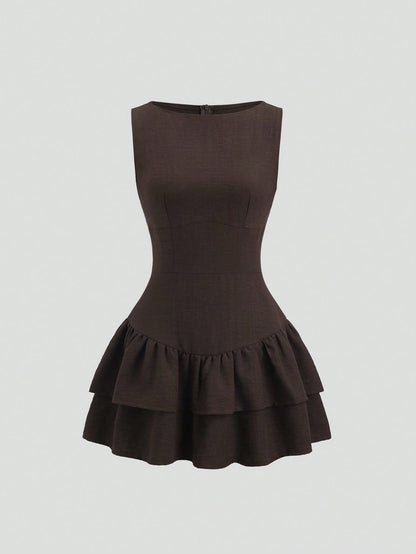 Sweetra Dark Brown,Summer,Elegant,Tea Party Vintage Boho Sleeveless A-Line Double-Layer Ruffle Mini Dress,Vacation Date Music Festival Work Commute