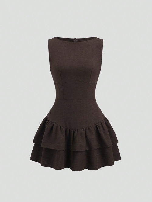 Sweetra Dark Brown,Summer,Elegant,Tea Party Vintage Boho Sleeveless A-Line Double-Layer Ruffle Mini Dress,Vacation Date Music Festival Work Commute