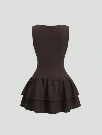 Sweetra Dark Brown,Summer,Elegant,Tea Party Vintage Boho Sleeveless A-Line Double-Layer Ruffle Mini Dress,Vacation Date Music Festival Work Commute