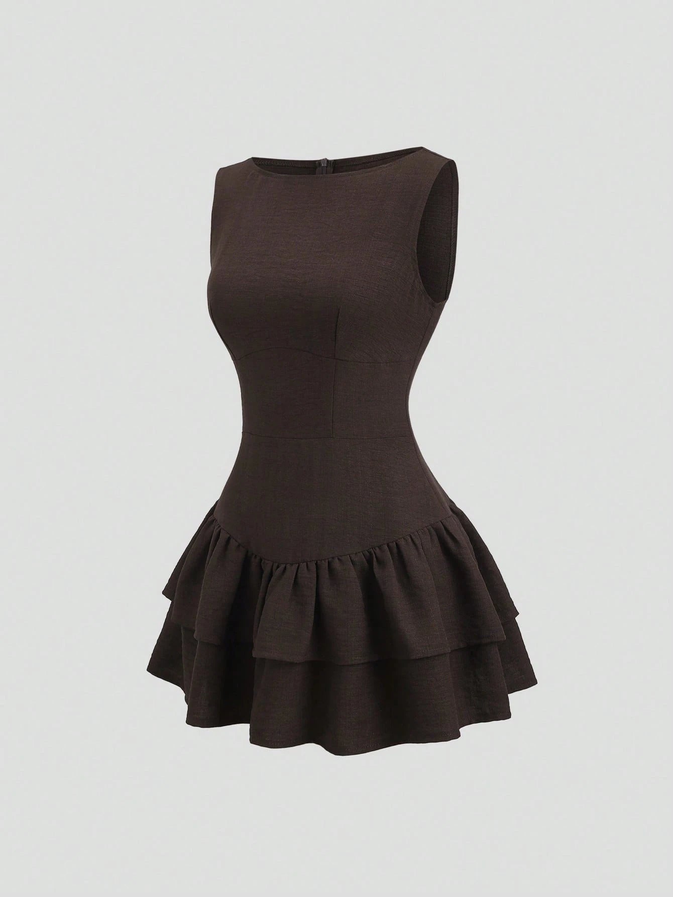 Sweetra Dark Brown,Summer,Elegant,Tea Party Vintage Boho Sleeveless A-Line Double-Layer Ruffle Mini Dress,Vacation Date Music Festival Work Commute