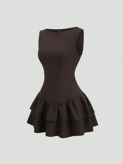 Sweetra Dark Brown,Summer,Elegant,Tea Party Vintage Boho Sleeveless A-Line Double-Layer Ruffle Mini Dress,Vacation Date Music Festival Work Commute