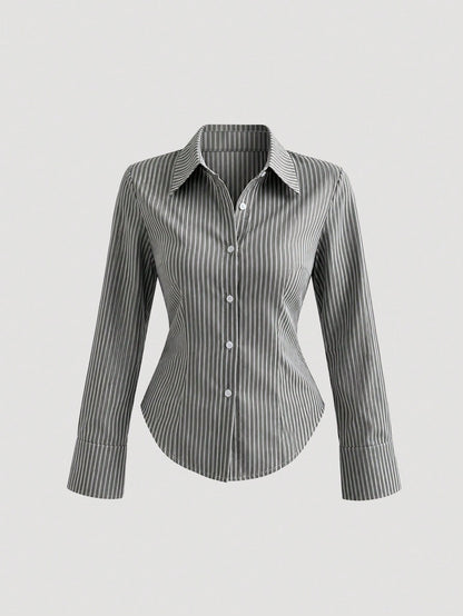 Sweetra Ladies' Solid Color Slim Fit Striped Long Sleeve Shirt,Long Sleeve Tops Fall Cloth For Women