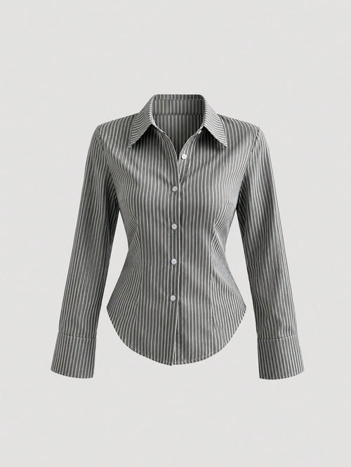Sweetra Ladies' Solid Color Slim Fit Striped Long Sleeve Shirt,Long Sleeve Tops Fall Cloth For Women