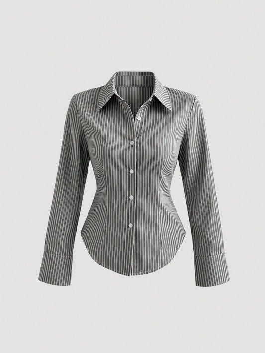 Sweetra Ladies' Solid Color Slim Fit Striped Long Sleeve Shirt,Long Sleeve Tops Fall Cloth For Women