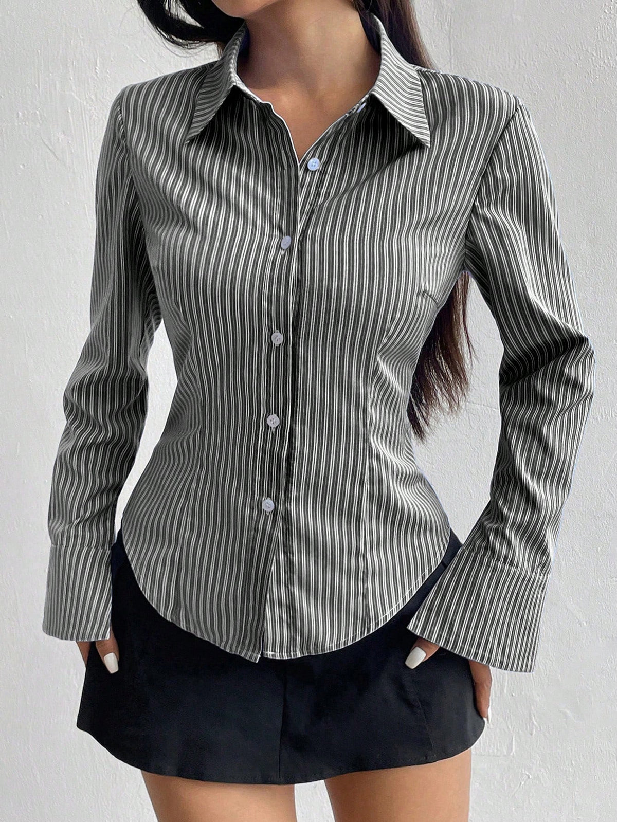 Sweetra Ladies' Solid Color Slim Fit Striped Long Sleeve Shirt,Long Sleeve Tops Fall Cloth For Women