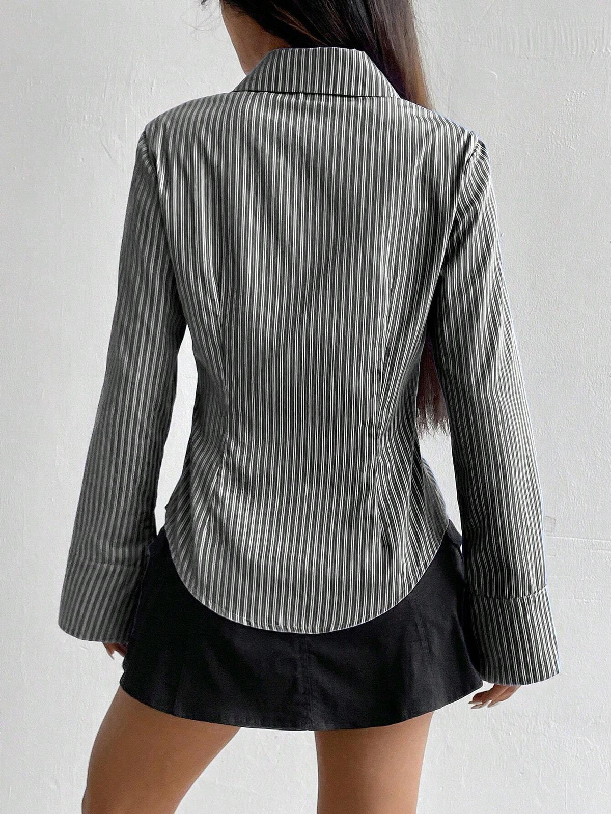 Sweetra Ladies' Solid Color Slim Fit Striped Long Sleeve Shirt,Long Sleeve Tops Fall Cloth For Women