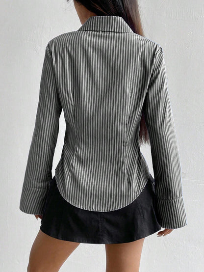Sweetra Ladies' Solid Color Slim Fit Striped Long Sleeve Shirt,Long Sleeve Tops Fall Cloth For Women