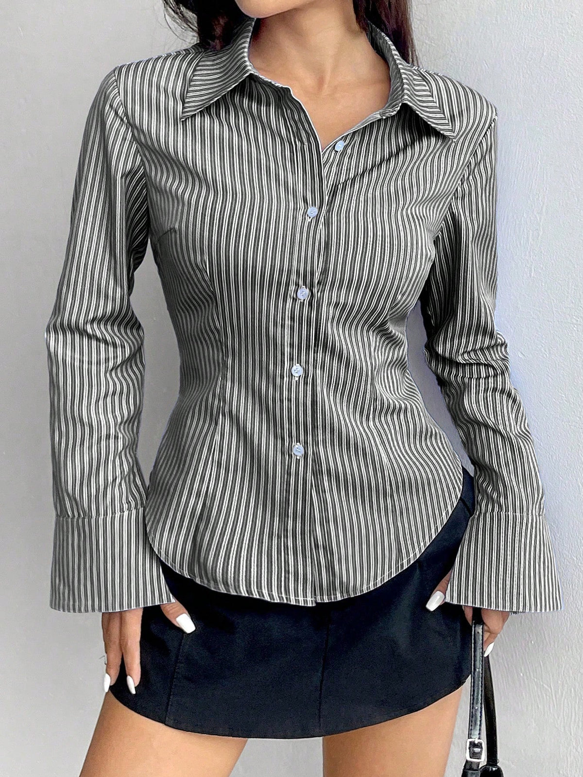 Sweetra Ladies' Solid Color Slim Fit Striped Long Sleeve Shirt,Long Sleeve Tops Fall Cloth For Women