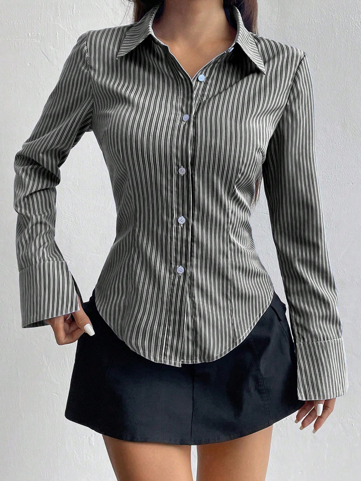 Sweetra Ladies' Solid Color Slim Fit Striped Long Sleeve Shirt,Long Sleeve Tops Fall Cloth For Women
