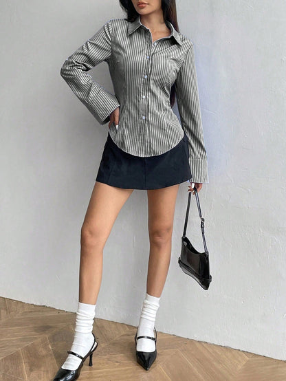 Sweetra Ladies' Solid Color Slim Fit Striped Long Sleeve Shirt,Long Sleeve Tops Fall Cloth For Women