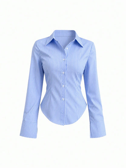 Sweetra Ladies' Solid Color Slim Fit Striped Long Sleeve Shirt,Long Sleeve Tops Fall Cloth For Women