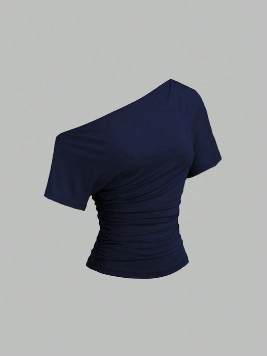 Sweetra New Spring/Summer Women's Stylish High Street Chic Asymmetric Shoulder Slim Fit Sporty Versatile Comfortable Casual T-Shirt