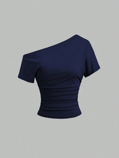 Sweetra New Spring/Summer Women's Stylish High Street Chic Asymmetric Shoulder Slim Fit Sporty Versatile Comfortable Casual T-Shirt