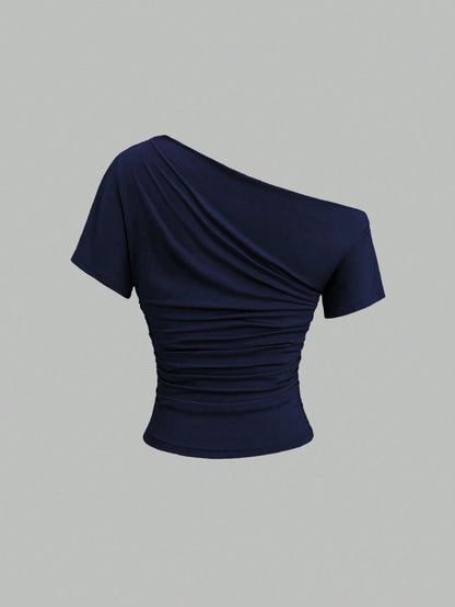 Sweetra New Spring/Summer Women's Stylish High Street Chic Asymmetric Shoulder Slim Fit Sporty Versatile Comfortable Casual T-Shirt