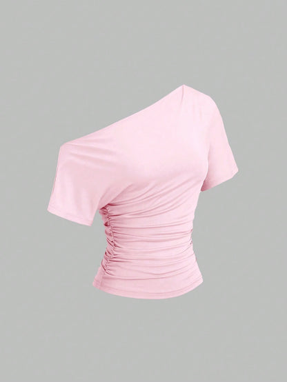 Sweetra New Spring/Summer Women's Stylish High Street Chic Asymmetric Shoulder Slim Fit Sporty Versatile Comfortable Casual T-Shirt