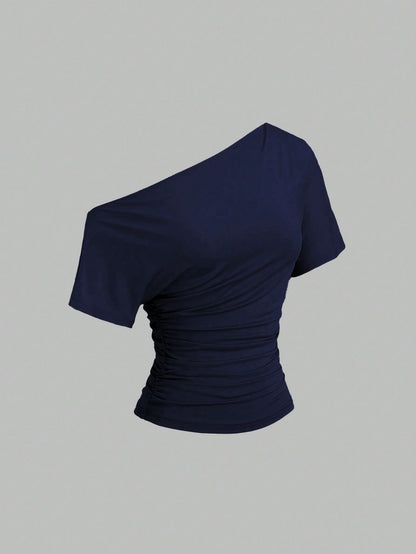 Sweetra New Spring/Summer Women's Stylish High Street Chic Asymmetric Shoulder Slim Fit Sporty Versatile Comfortable Casual T-Shirt