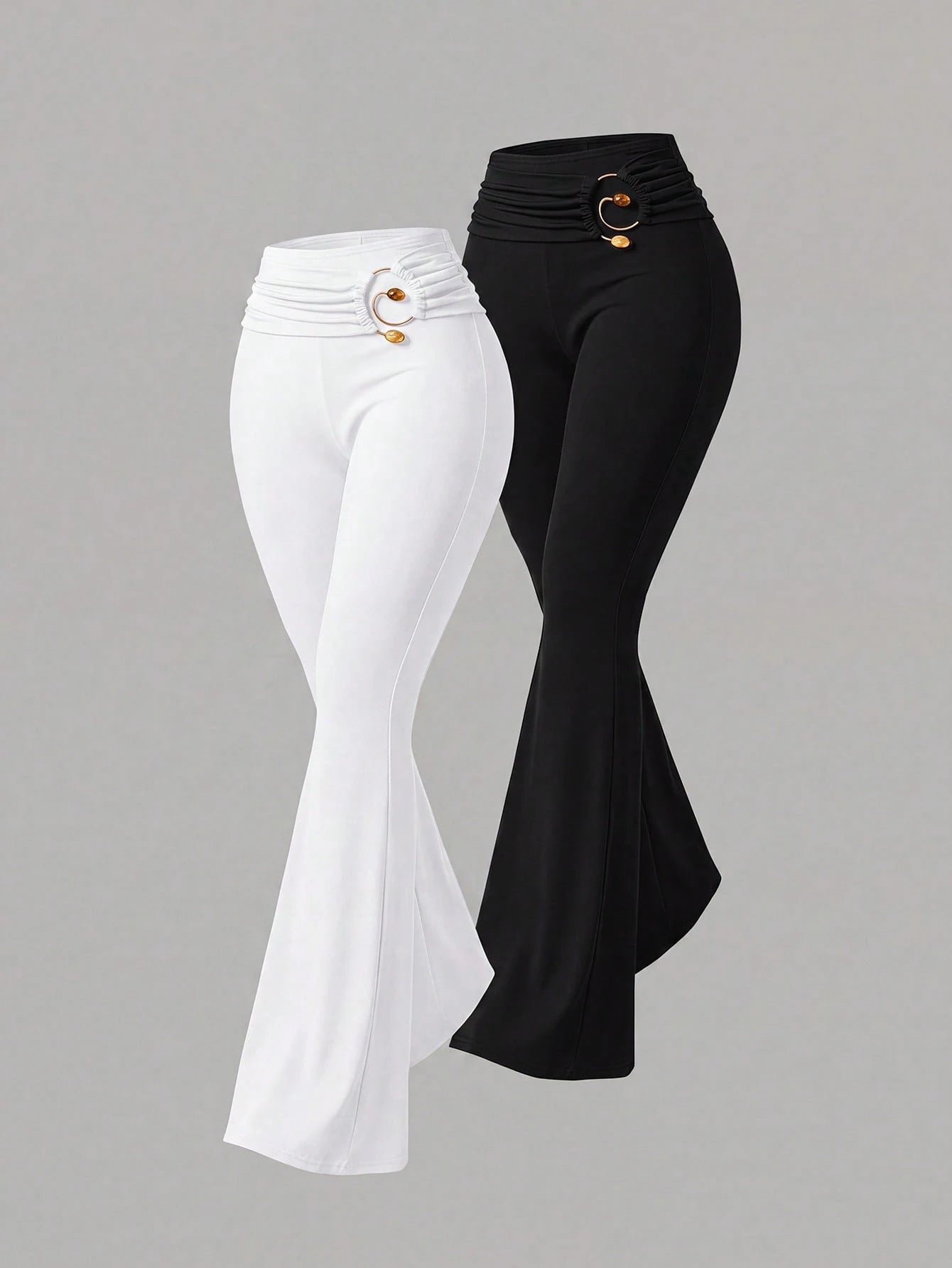 Sweetra New Summer Metal Buckle Casual Comfortable Commute Elegant Fashion Versatile Flare Leg Women's Long Pants Coffee Brown And Black 2-Piece Set