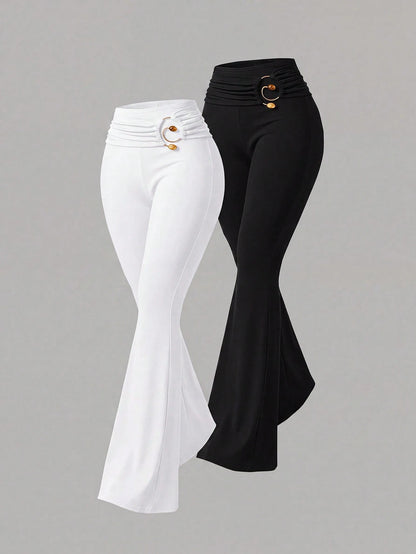 Sweetra New Summer Metal Buckle Casual Comfortable Commute Elegant Fashion Versatile Flare Leg Women's Long Pants Coffee Brown And Black 2-Piece Set