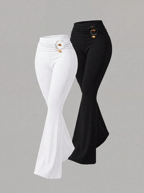 Sweetra New Summer Metal Buckle Casual Comfortable Commute Elegant Fashion Versatile Flare Leg Women's Long Pants Coffee Brown And Black 2-Piece Set