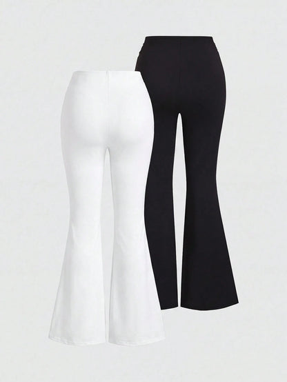 Sweetra New Summer Metal Buckle Casual Comfortable Commute Elegant Fashion Versatile Flare Leg Women's Long Pants Coffee Brown And Black 2-Piece Set