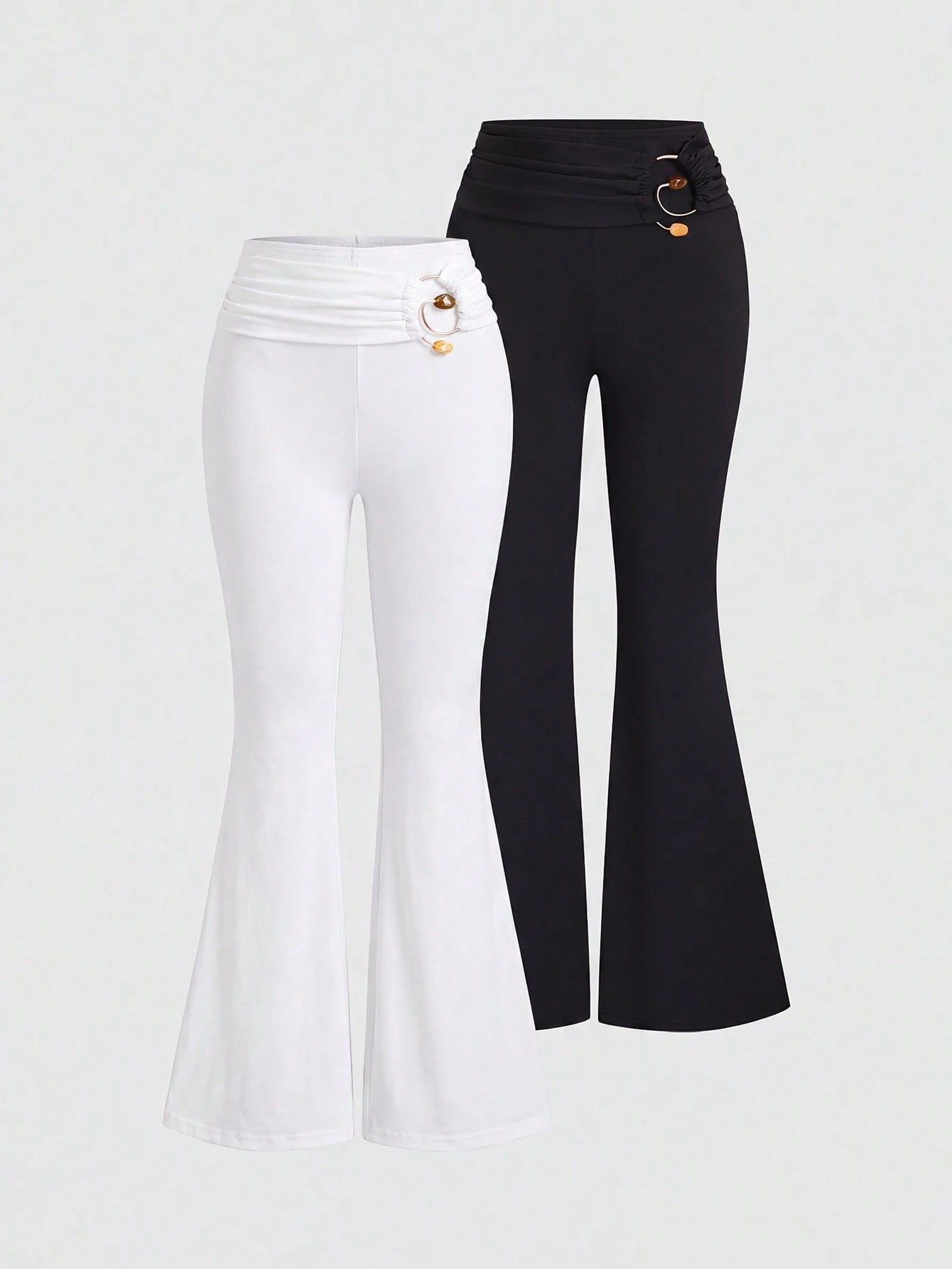 Sweetra New Summer Metal Buckle Casual Comfortable Commute Elegant Fashion Versatile Flare Leg Women's Long Pants Coffee Brown And Black 2-Piece Set