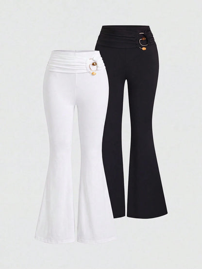 Sweetra New Summer Metal Buckle Casual Comfortable Commute Elegant Fashion Versatile Flare Leg Women's Long Pants Coffee Brown And Black 2-Piece Set