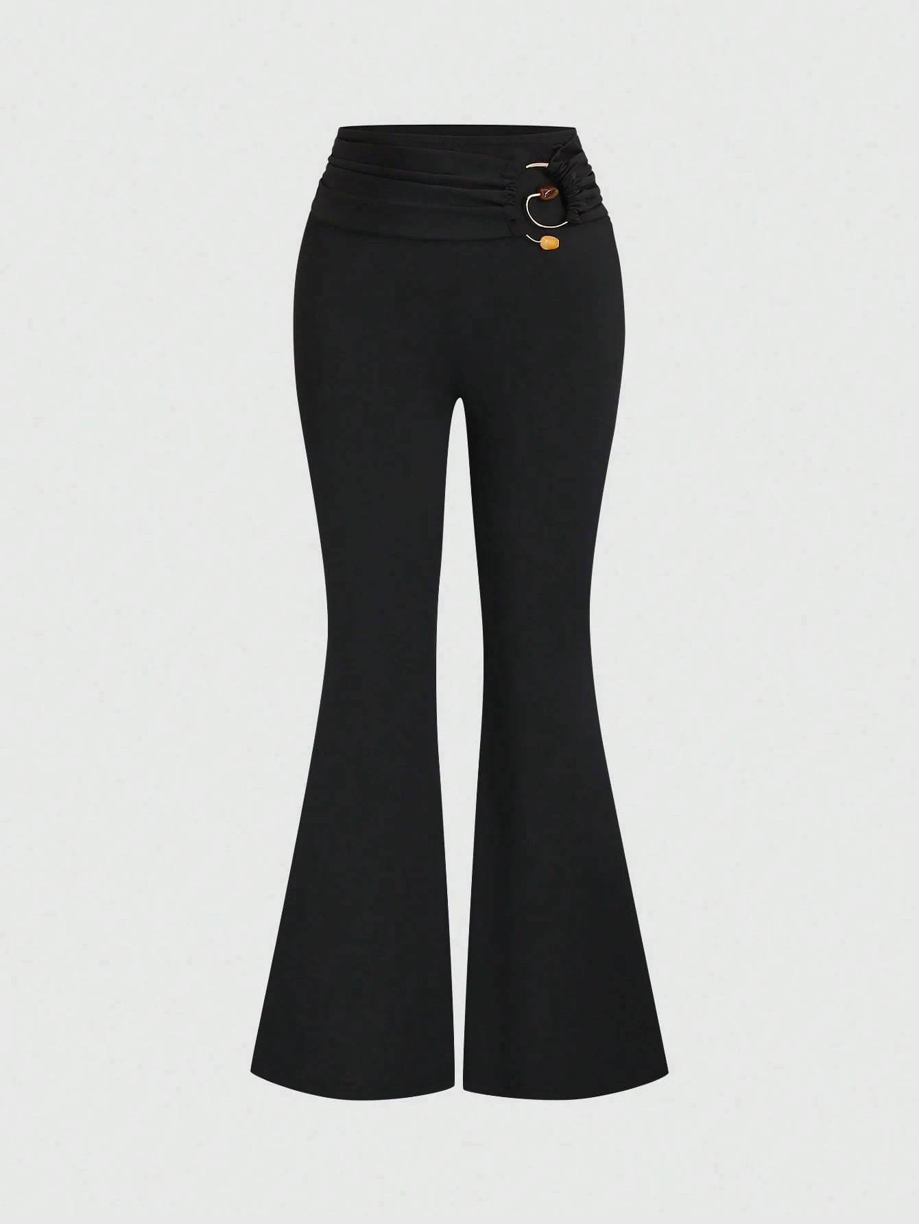 Sweetra New Summer Metal Buckle Casual Comfortable Commute Elegant Fashion Versatile Flare Leg Women's Long Pants Coffee Brown And Black 2-Piece Set