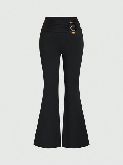 Sweetra New Summer Metal Buckle Casual Comfortable Commute Elegant Fashion Versatile Flare Leg Women's Long Pants Coffee Brown And Black 2-Piece Set