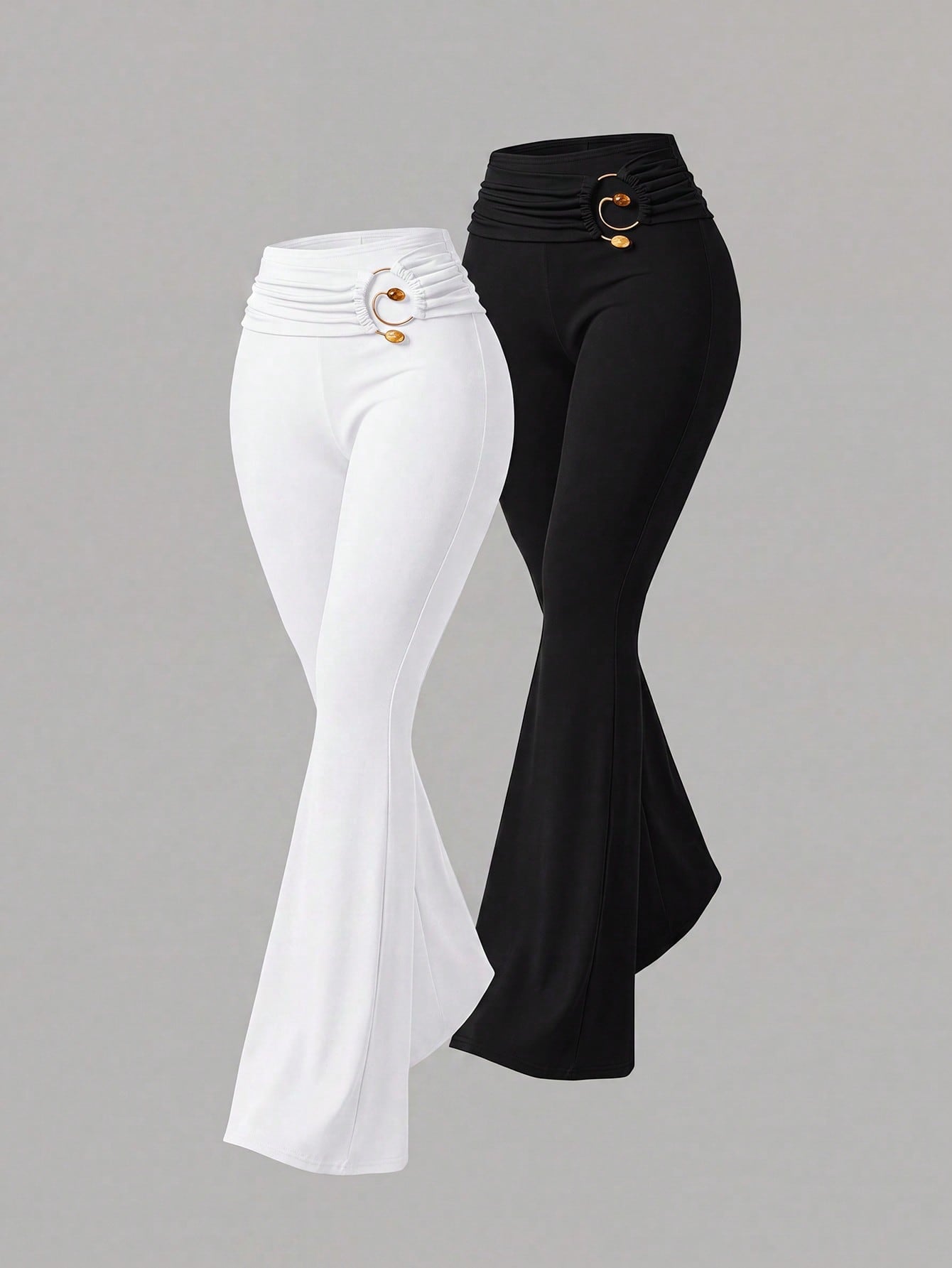 Sweetra New Summer Metal Buckle Casual Comfortable Commute Elegant Fashion Versatile Flare Leg Women's Long Pants Coffee Brown And Black 2-Piece Set