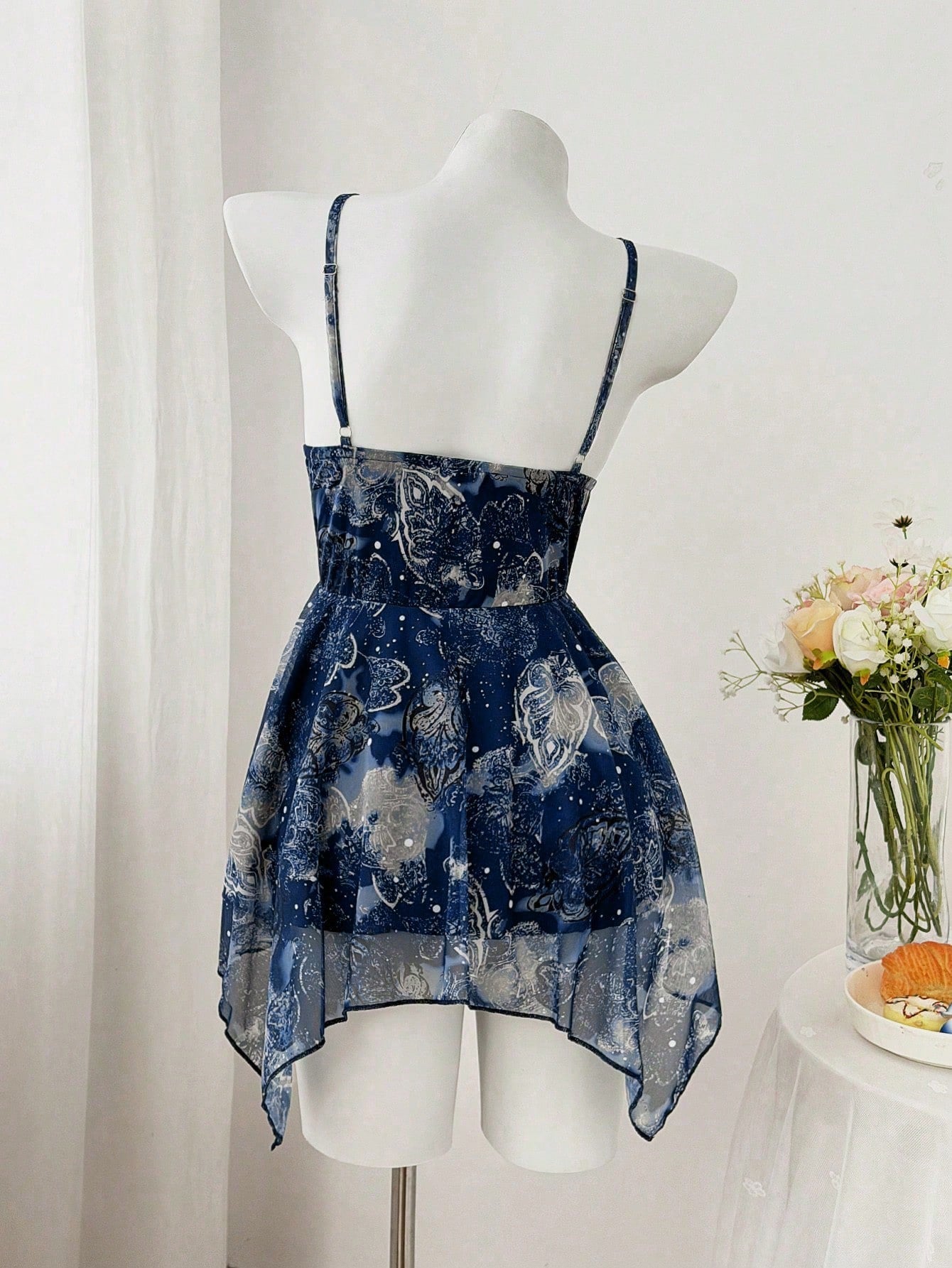 Sweetra Plus Size Women's Navy Blue Summer Fairy Tea Party Retro Printed Paisley Cashew Flower Lace Asymmetrical Scarf Hem Camisole,Music Festival,Vacation