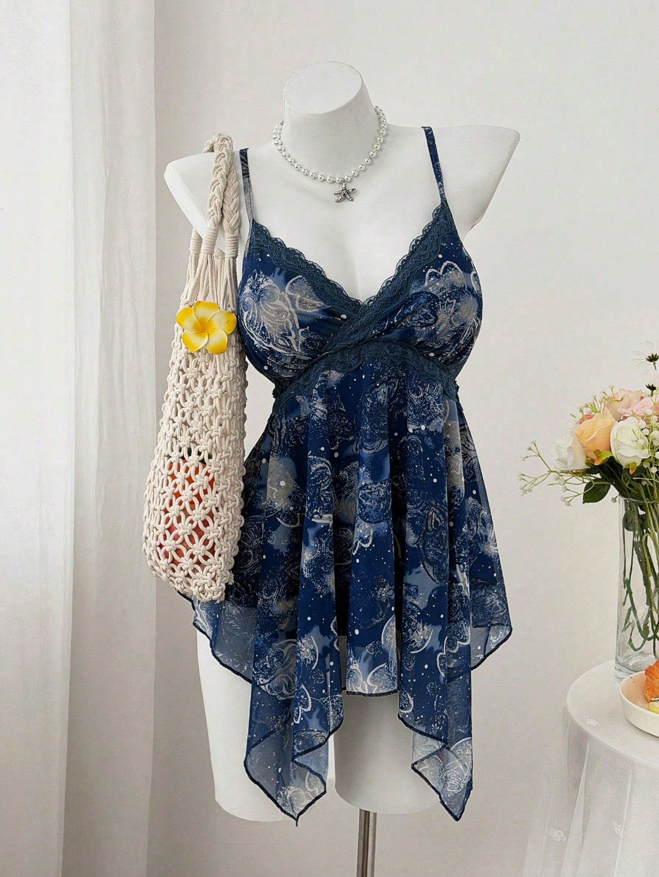 Sweetra Plus Size Women's Navy Blue Summer Fairy Tea Party Retro Printed Paisley Cashew Flower Lace Asymmetrical Scarf Hem Camisole,Music Festival,Vacation
