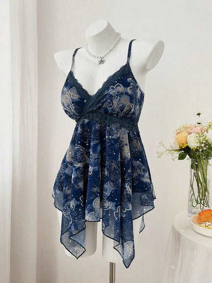Sweetra Plus Size Women's Navy Blue Summer Fairy Tea Party Retro Printed Paisley Cashew Flower Lace Asymmetrical Scarf Hem Camisole,Music Festival,Vacation