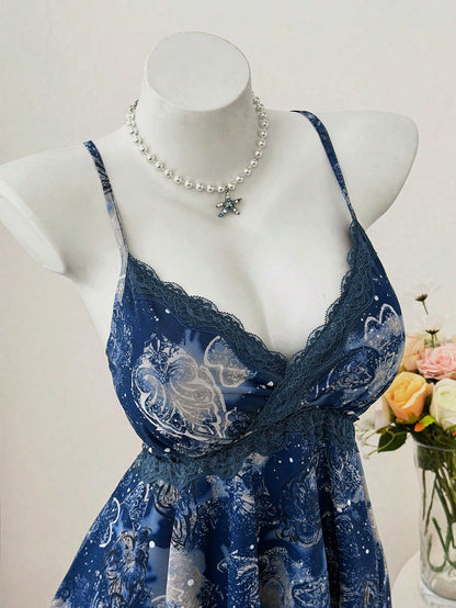 Sweetra Plus Size Women's Navy Blue Summer Fairy Tea Party Retro Printed Paisley Cashew Flower Lace Asymmetrical Scarf Hem Camisole,Music Festival,Vacation