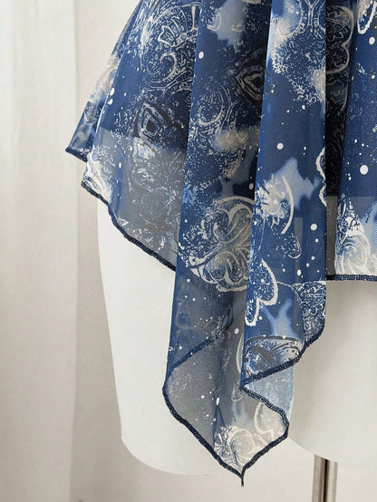 Sweetra Plus Size Women's Navy Blue Summer Fairy Tea Party Retro Printed Paisley Cashew Flower Lace Asymmetrical Scarf Hem Camisole,Music Festival,Vacation