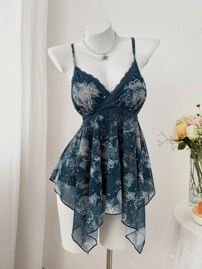 Sweetra Plus Size Women's Navy Blue Summer Fairy Tea Party Retro Printed Paisley Cashew Flower Lace Asymmetrical Scarf Hem Camisole,Music Festival,Vacation