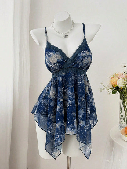 Sweetra Plus Size Women's Navy Blue Summer Fairy Tea Party Retro Printed Paisley Cashew Flower Lace Asymmetrical Scarf Hem Camisole,Music Festival,Vacation