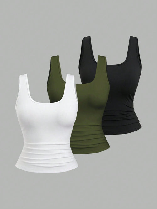 Sweetra Plus Size Women Summer Short Square Neck Pleated Casual Tank Top