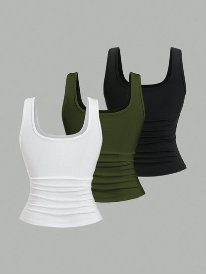Sweetra Plus Size Women Summer Short Square Neck Pleated Casual Tank Top
