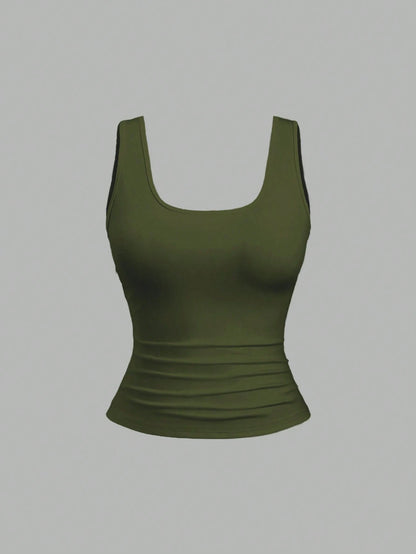 Sweetra Plus Size Women Summer Short Square Neck Pleated Casual Tank Top