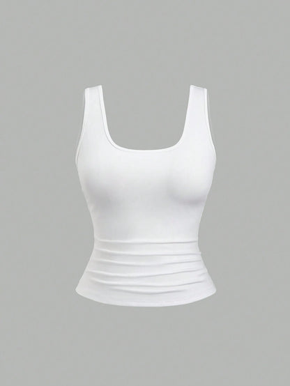 Sweetra Plus Size Women Summer Short Square Neck Pleated Casual Tank Top